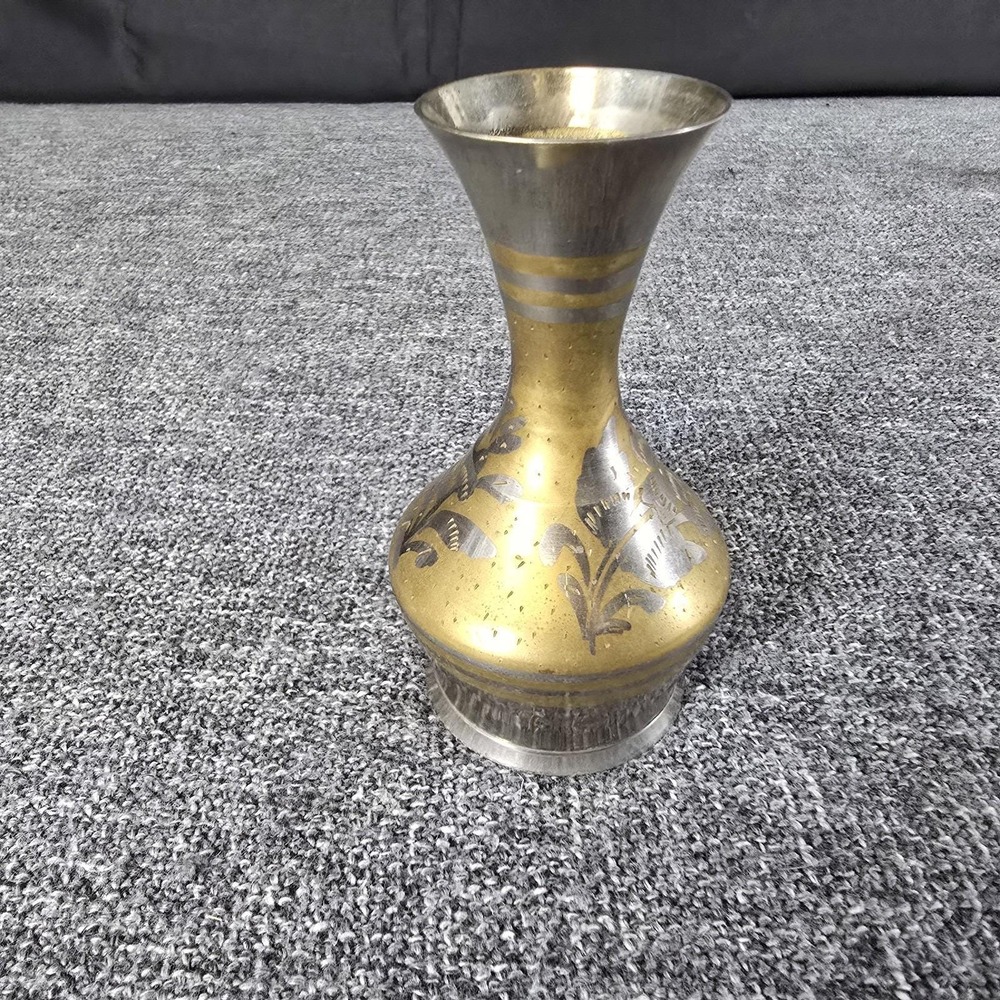 Vintage Made in India Brass Bud Vase Etched Floral Two Tone Gold Silver 5.25"